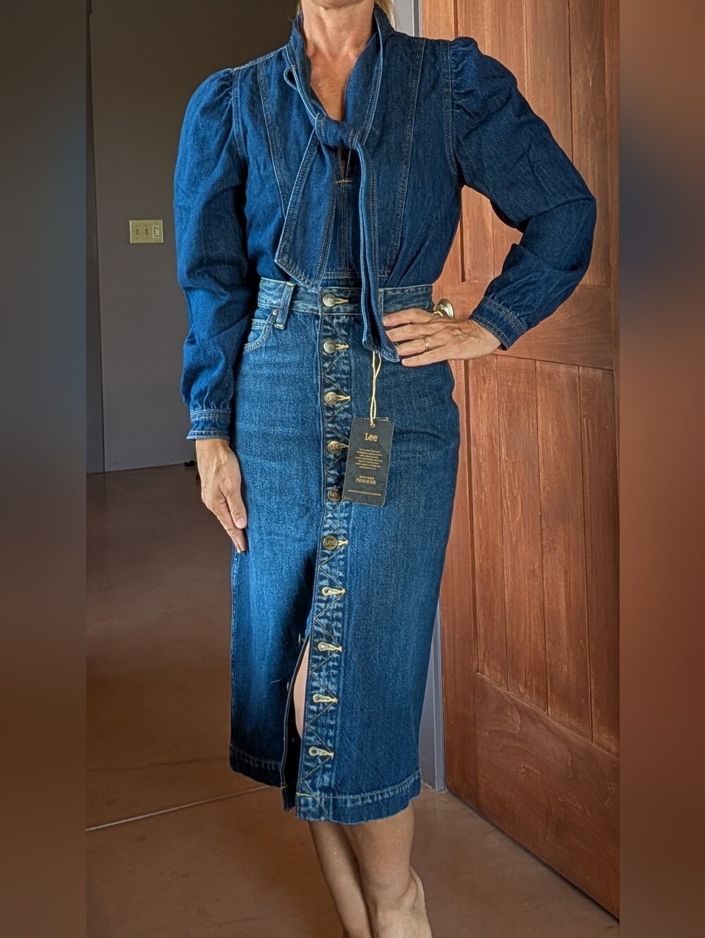 NWT LEE Free People Vintage Modern High Rise Denim Jean Midi Skirt Cowgirl Sz 24